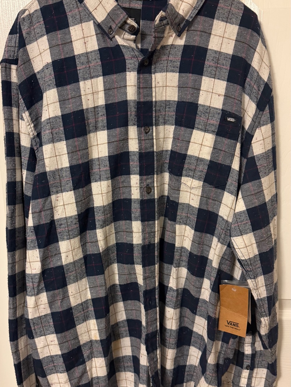 Vans Men’s Navy and Cream Plaid Button-Down Shirt with Subtle Red Accents
